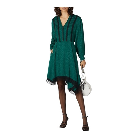 Koche V-Neck Lace Trim Animal Print Green Midi Dress Size 38 WA1 - Picture 1 of 6